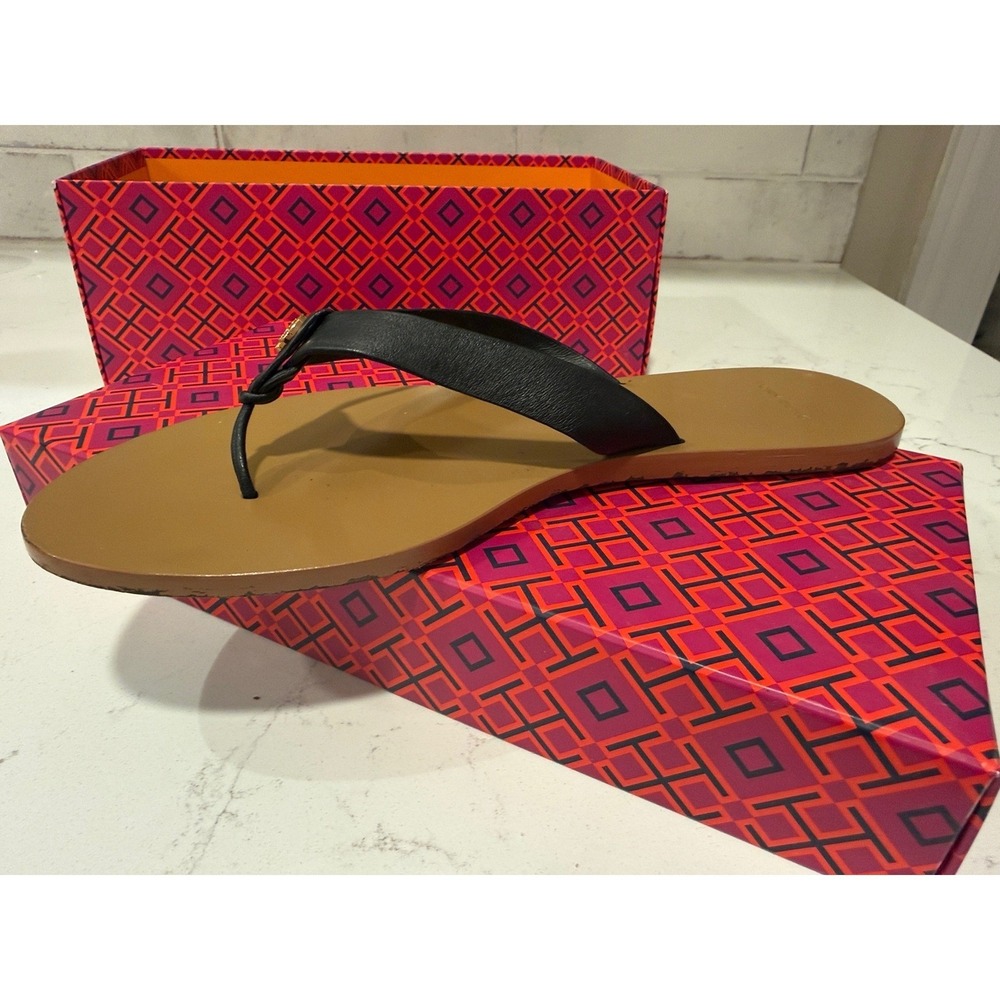 Tory Burch Manon Thong Sandal Black Calf Leather Flat Flip Flop 53653 Womens 8
